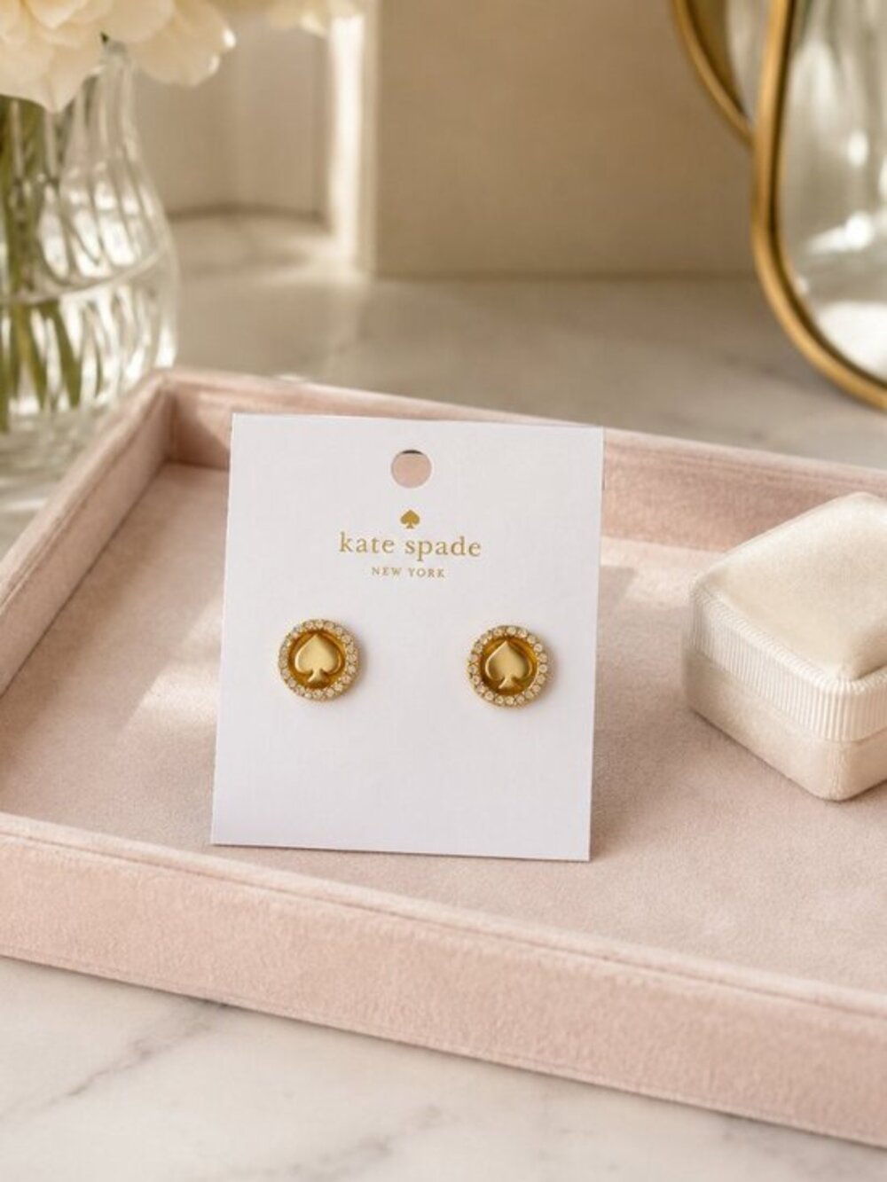 Kate Spade Gold Spade Logo Pavé Crystal Round Stud Earrings NWT